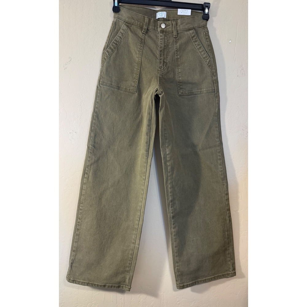 Time and Tru Utility Trousers Women 0 Green High Rise Relaxed Wide Leg Pants NEW